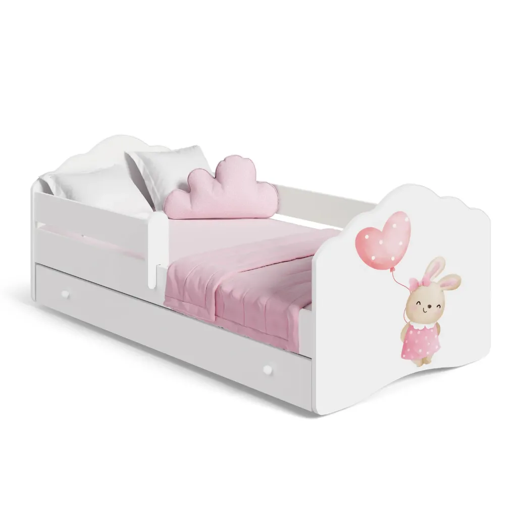[011005] Детско легло FALA с графика bunny, с парапет и чекмедже (140 х 70 см)