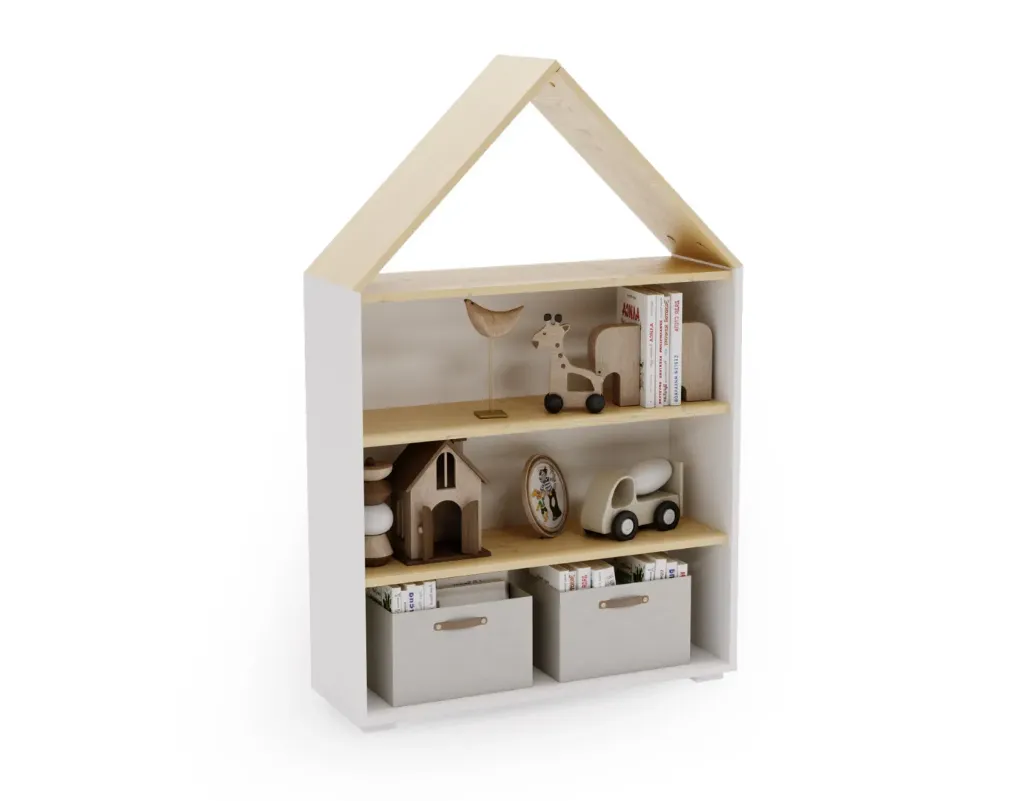 PUFFI Къща библиотека с рафтове за книги и играчки - бяла/клен