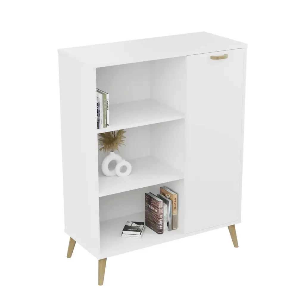 FONDI скрин с рафтове, дървена дръжка и крака - бял