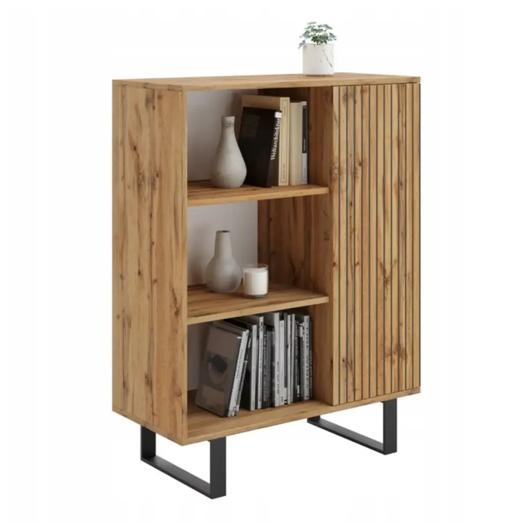 [009521] FONDI скрин с рафтове, метални крака (gold craft oak lamella print)